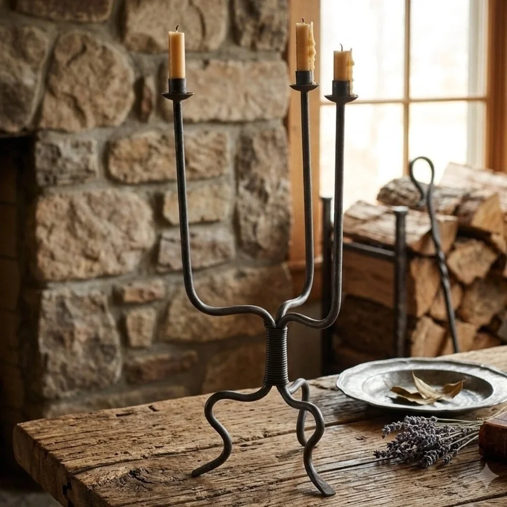 Vintage Iron 3 Lite Candelabra Rustic Gothic Primitive Farmhouse Candle Holder